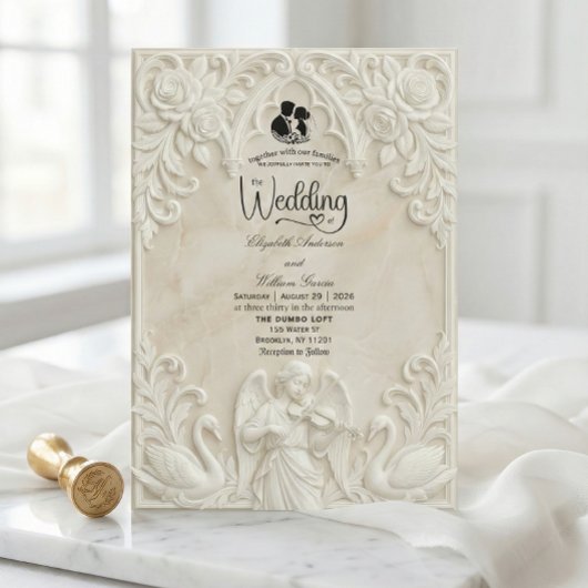 Baroque Angel & Swans Vintage Cream Wedding  Einladung