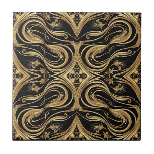 Baroque Black and Gold Swirling Ornate Pattern Fliese (Vorderseite)