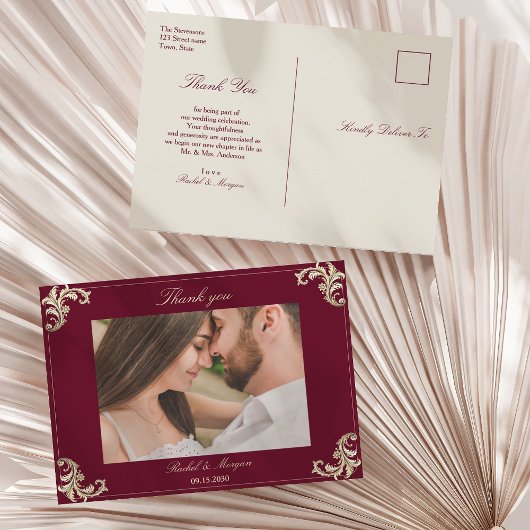 Baroque Burgundy Gold Wedding Vielen Dank Postkarte