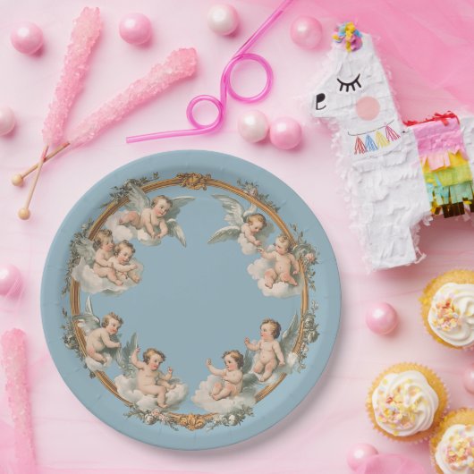 Baroque Cherub Blue Gold Kranz Papierplatte Pappteller (Party)
