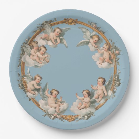 Baroque Cherub Blue Gold Kranz Papierplatte Pappteller (Vorderseite)