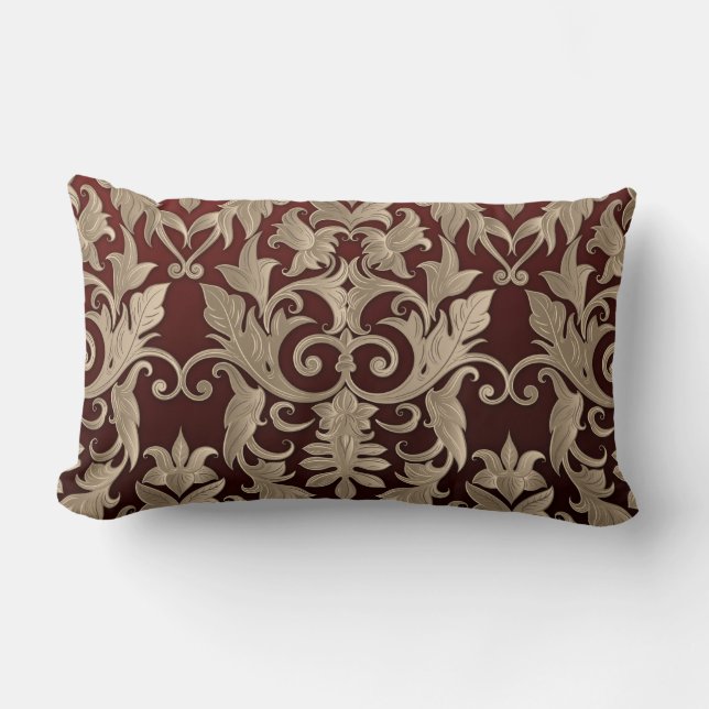 Baroque Damask Brocade Cream Beige auf Burgund Lendenkissen (Vorderseite)