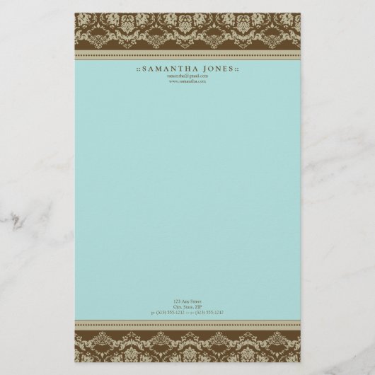 Baroque Damask Designer Geschichten: aqua Briefpapier (Vorderseite)