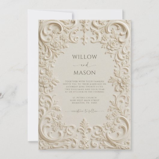 Baroque Elegance Ivory Script Wedding Einladung (Vorderseite)
