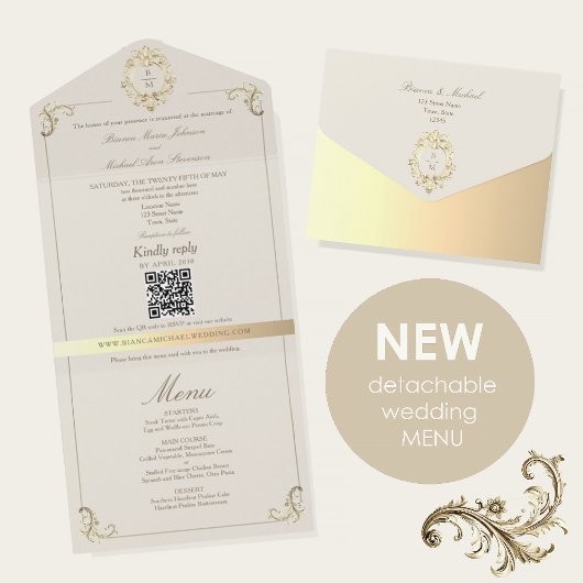 Baroque Gold All In One Wedding Invite + Menu Einladung