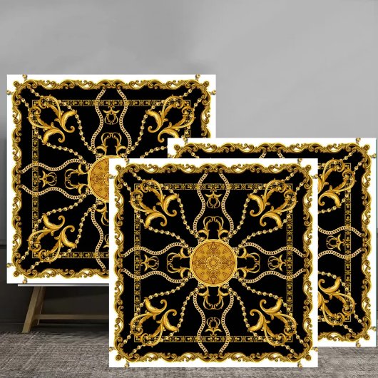 Baroque Gold Ornamental Chain Pattern on Black Fliese