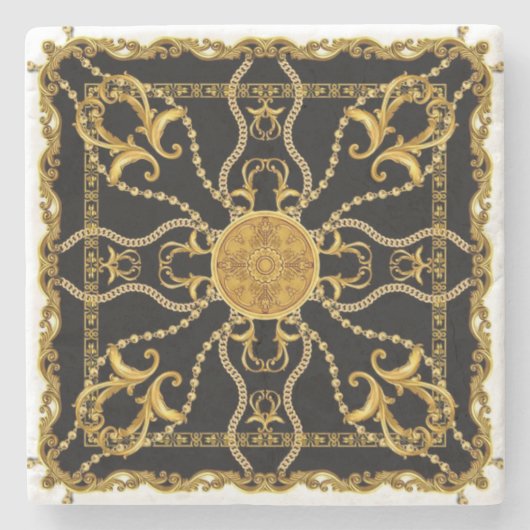 Baroque Gold Ornamental Chain Pattern on Black Steinuntersetzer (Vorderseite)