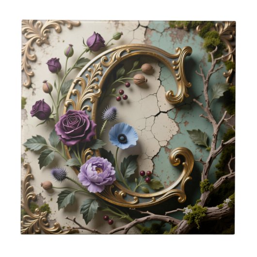 Baroque Gold Patina Letter C Monogram Fliese (Vorderseite)