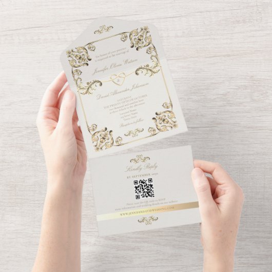 Baroque Gold Wedding QR Code All In One Einladung (Abreißen)