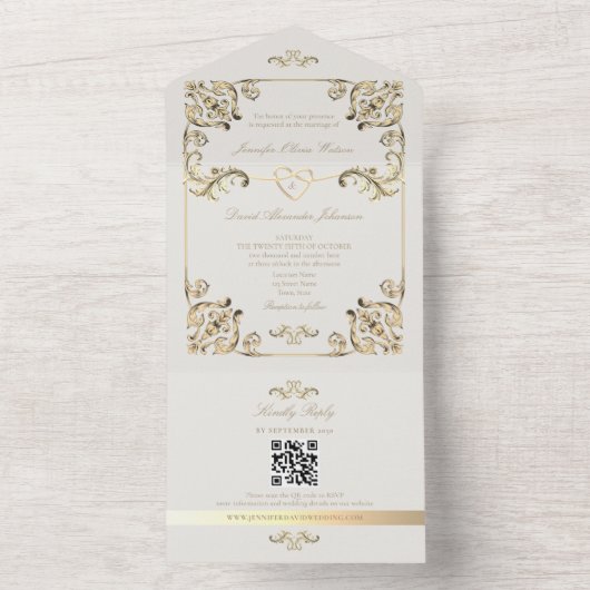 Baroque Gold Wedding QR Code All In One Einladung (Innen Boden)