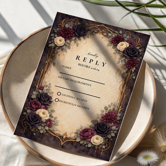 Baroque Gothic Floral Wedding RSVP Karte