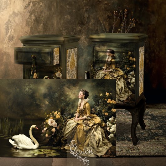 Baroque Lady Swan Gold Floral Landscape Scene Seidenpapier