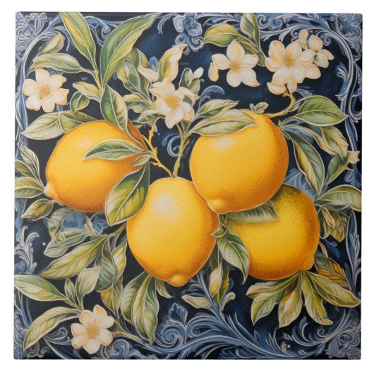 Baroque Lemon Botanical Ceramic Tile with Scrolls Fliese (Vorderseite)