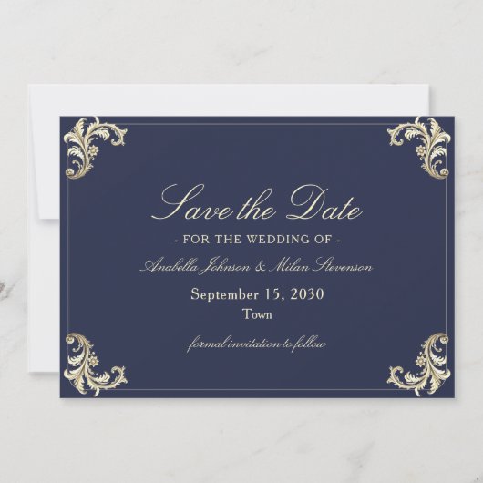 Baroque Navy Blue Gold Hochzeit Save The Date (Vorderseite)