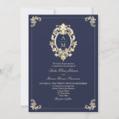 Baroque Navy Blue Gold Monogram Wedding Einladung (Vorderseite)
