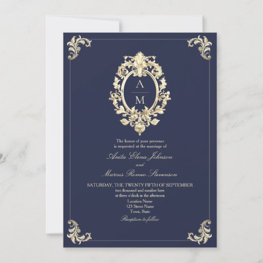Baroque Navy Blue Gold Monogram Wedding Einladung (Vorderseite)