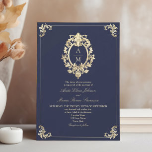 Baroque Navy Blue Gold Monogram Wedding Einladung