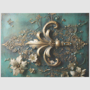 Baroque-Ornament aus Schwergold, grün Vintag Seidenpapier