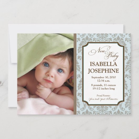 Baroque Pattern Baby Birth Announcement (blau) Ankündigung (Vorderseite)