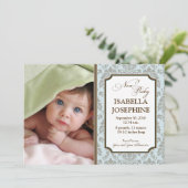 Baroque Pattern Baby Birth Announcement (blau) Ankündigung (Stehend Vorderseite)