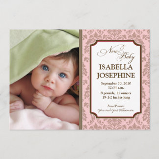 Baroque Pattern Baby Birth Announcement (pink) Ankündigung