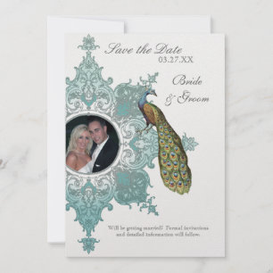Baroque Peacock Save the Date Einladung - Aqua Blu