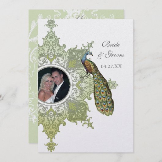 Baroque Peacock Wedding Einladung - Olivenöl Limon (Vorne/Hinten)