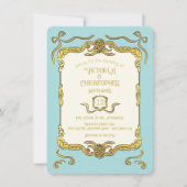 Baroque Regency Imitats Gold Blue Bow Wedding Einladung (Vorderseite)