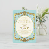 Baroque Regency Imitats Gold Blue Wedding Einladung (Stehend Vorderseite)