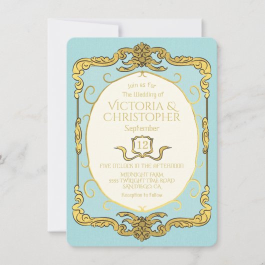 Baroque Regency Imitats Gold Blue Wedding Einladung (Vorderseite)