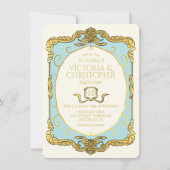 Baroque Regency Imitats Gold Blue Wedding Einladung (Vorderseite)
