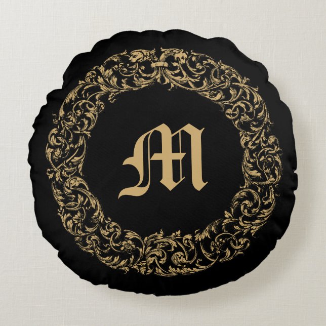 Baroque Rococo Floral Wreath Monogram Print Rundes Kissen (Vorderseite)