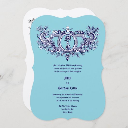 Baroque Rokoko Cartouche Flaming Hearts & Birds Einladung (Vorne/Hinten)