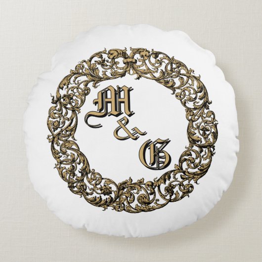 Baroque Rokoko Cartouche Monogramme Hochzeitsringe Rundes Kissen (Vorderseite)