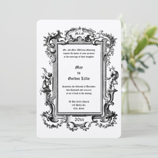 Baroque Rokoko Cherubs Frucht Blumenrahmen Border Einladung (Stehend Vorderseite)