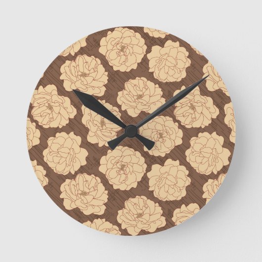 Baroque Roses on walnut brown - seamless pattern.  Runde Wanduhr (Vorderseite)