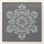 Baroque Slate Mandala Glasuntersetzer<br><div class="desc">Elegant glass coaster featuring a hand-painted style mandala inspired by Baroque and Damask patterns. The design uses a sophisticated monochromatic palette, layering crisp whites and soft greys against a deep slate charcoal background. With its delicate swirls and teardrop motifs, this piece offers a timeless, classic aesthetic that effortlessly complements both...</div>