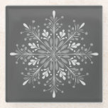 Baroque Slate Mandala Glasuntersetzer<br><div class="desc">Elegant glass coaster featuring a hand-painted style mandala inspired by Baroque and Damask patterns. The design uses a sophisticated monochromatic palette, layering crisp whites and soft greys against a deep slate charcoal background. With its delicate swirls and teardrop motifs, this piece offers a timeless, classic aesthetic that effortlessly complements both...</div>