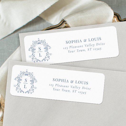 Baroque Wappen Monogram Blue Wedding Rücksendeadre