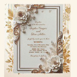 Baroque White Flowers Opulence Ivory Gold Frame  Einladung