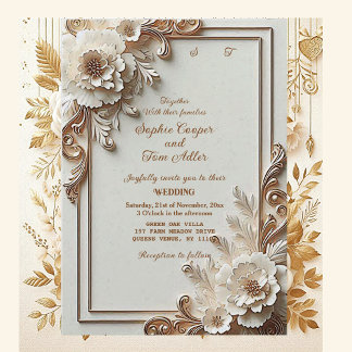Baroque White Flowers Opulence Ivory Gold Frame  Einladung