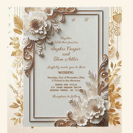 Baroque White Flowers Opulence Ivory Gold Frame Einladung