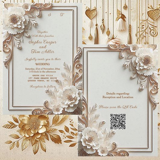 Baroque White Flowers Opulence Ivory Gold Frame Einladung
