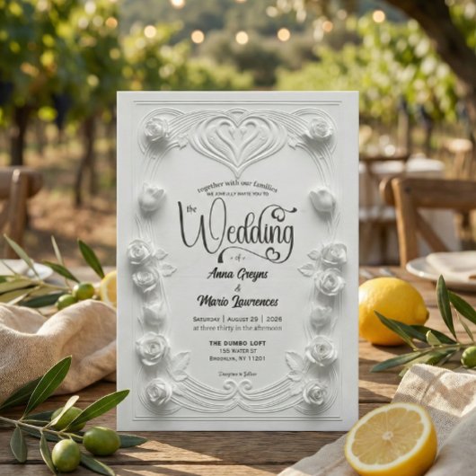 Baroque White Rose Faux 3D Embossed Formal Wedding Einladung