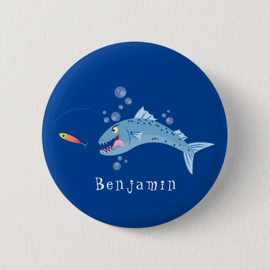 Barracuda Fisch hungriger Cartoon Button (Vorderseite)
