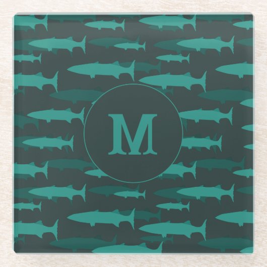 Barracuda Fish Blue Monogram Glasuntersetzer (Vorderseite)