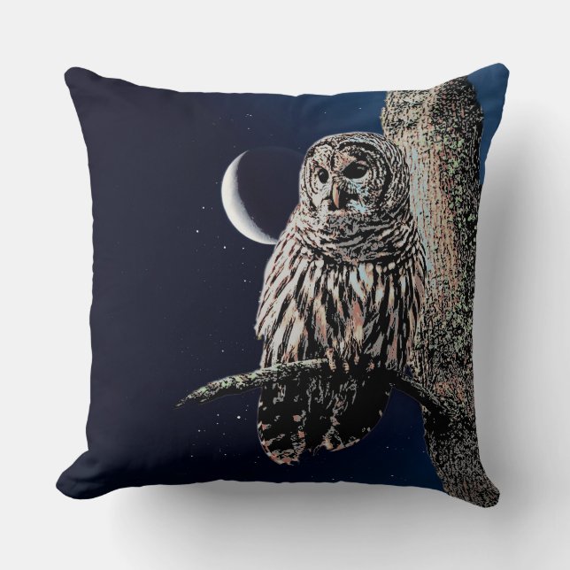 Barred Owl Crescent Moon Night Sky Kissen (Vorderseite)