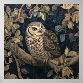 Barred Owl in einem Nachtwald William Morris Style Poster