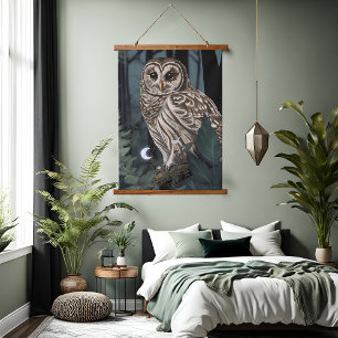 Barred Owl Wild Whimsy Nature Dark Green Forest Ha Wandteppich Mit Holzrahmen