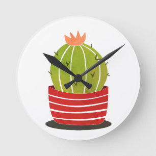 BARREL CACTUS in einem roten Topf minimale Kunst Runde Wanduhr